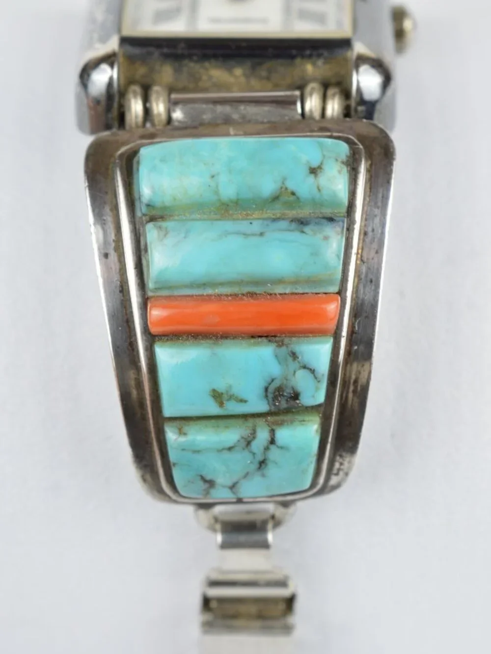 VTG Navajo Harry Bert Sterling Silver Turquoise Coral Cobble Inlay Watch Tips